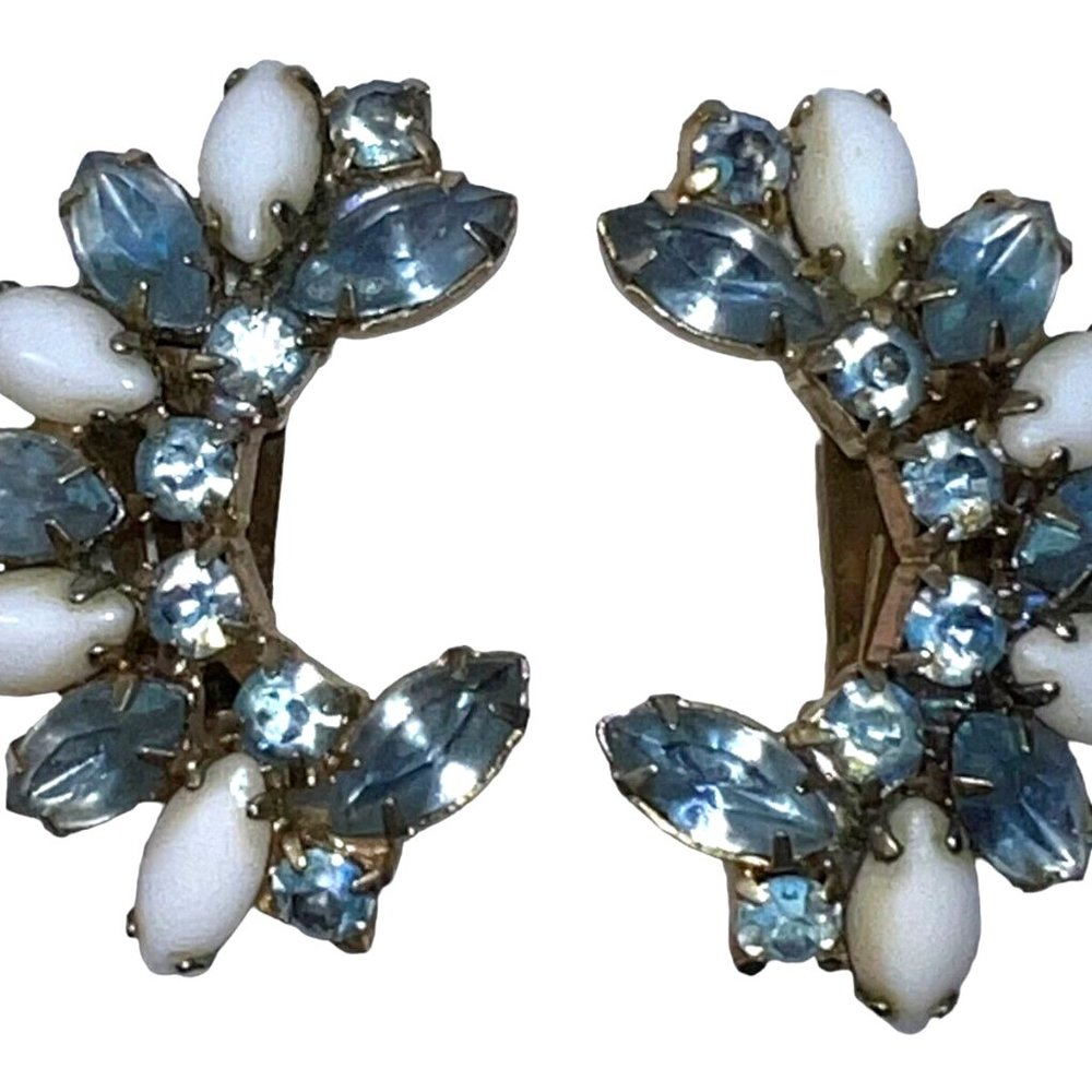 Vintage 50s Blue Sapphire Glass Marquis & Milk Glass Stone Ear Climber Clip Ons